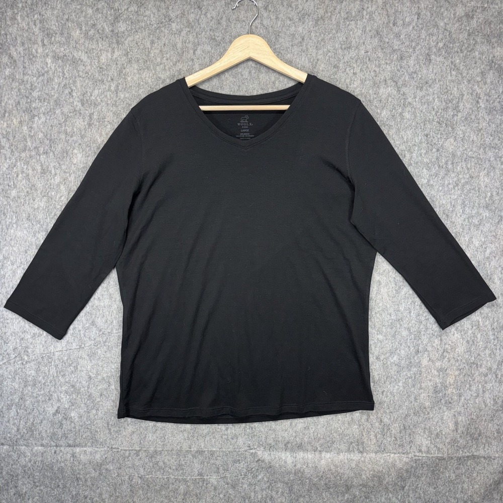 Woolx Elena 3/4 Sleeve V Neck Shirt Women's Large Merino Blend Wool Black